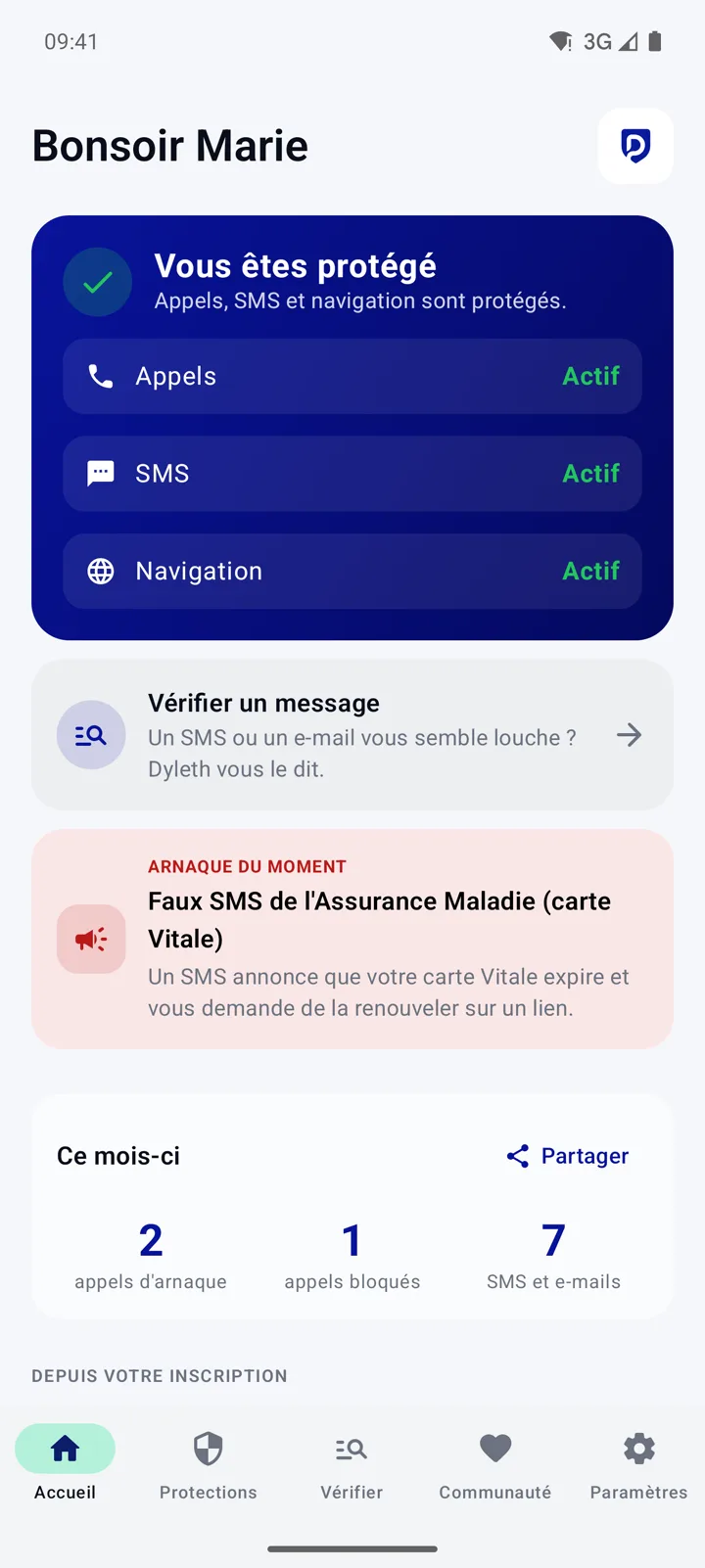 Vraie capture : accueil de l'application DYLETH, protections Appels, SMS et Navigation actives, arnaque du moment et menaces récentes