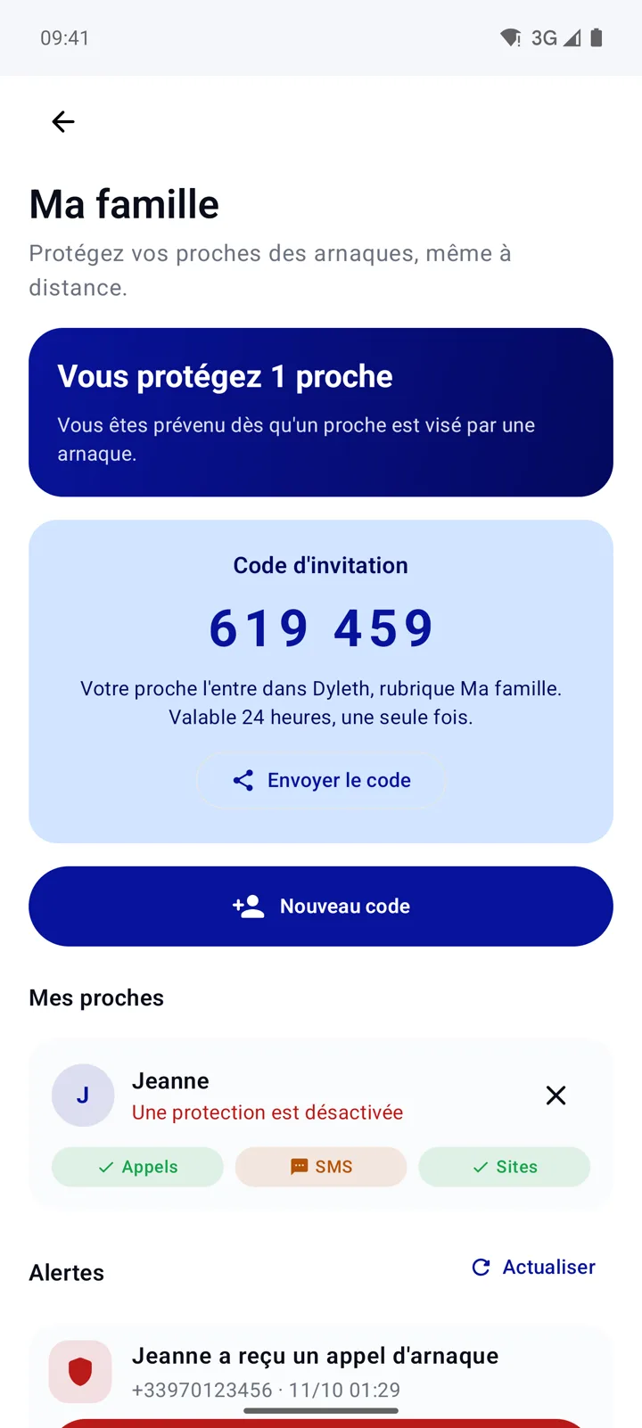 Vraie capture : code d'invitation à 6 chiffres de Protection famille, valable 24 heures