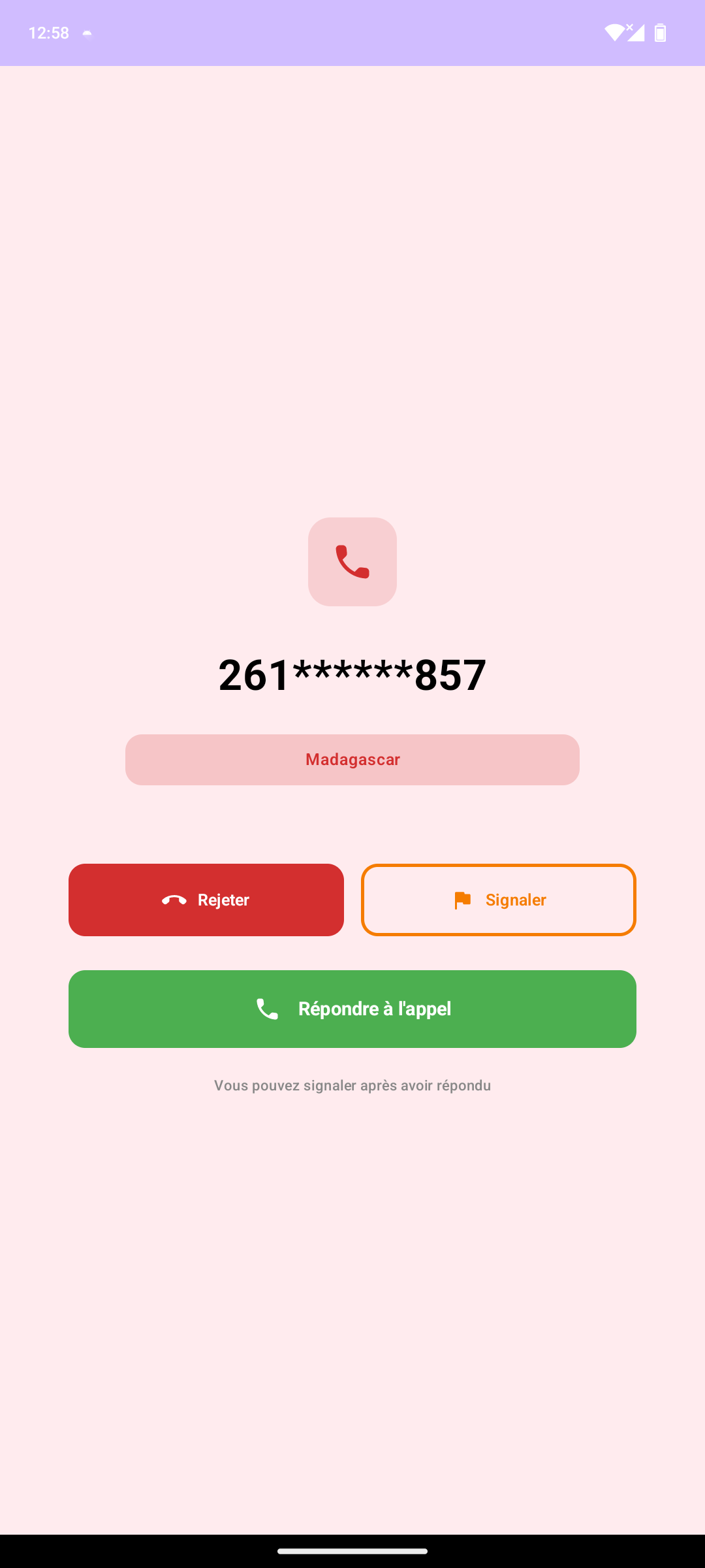 DYLETH : Appel suspect détecté avec options Rejeter, Signaler ou Répondre