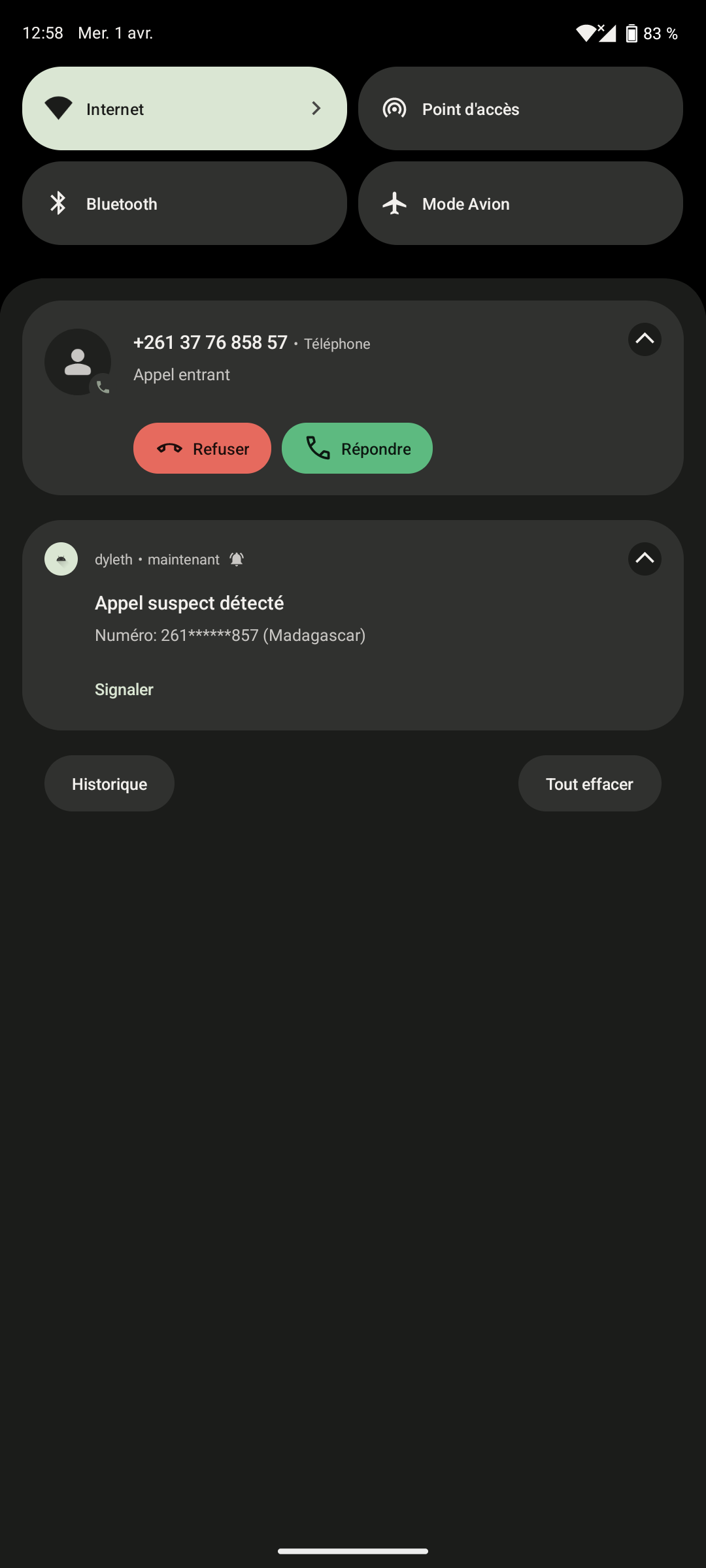 DYLETH : Notification système : Appel suspect détecté, Numéro Madagascar