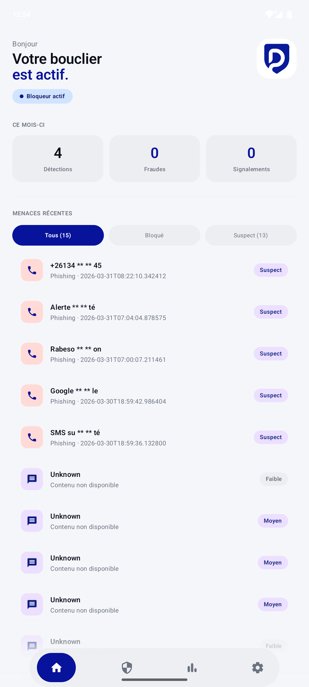Dashboard DYLETH : liste des menaces récentes